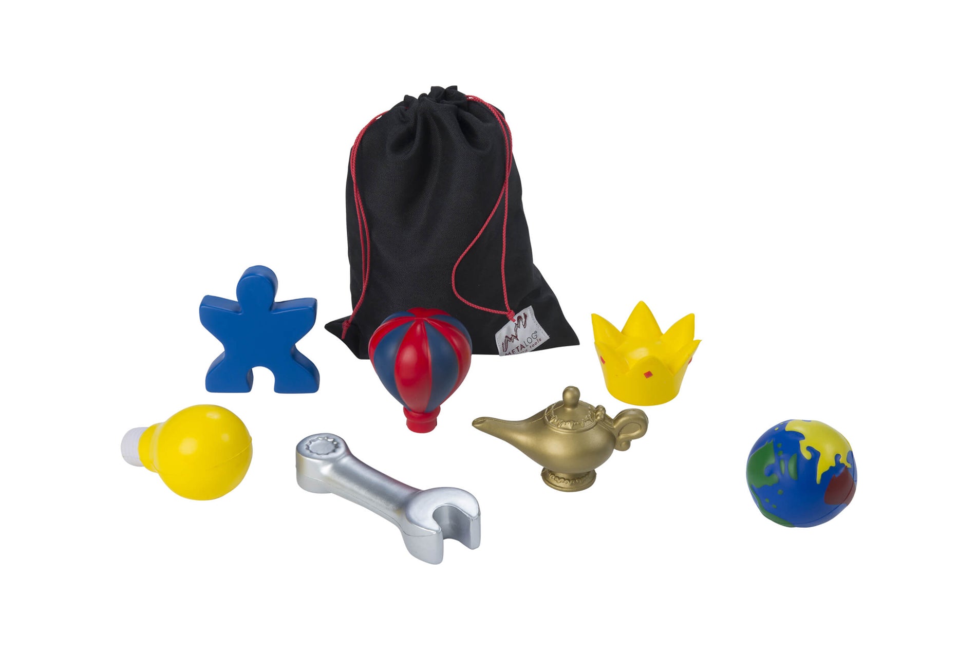 Facilitation Balls with puzzle piece, crown, light bulb, magic lamp, hot air balloon, wrench, world