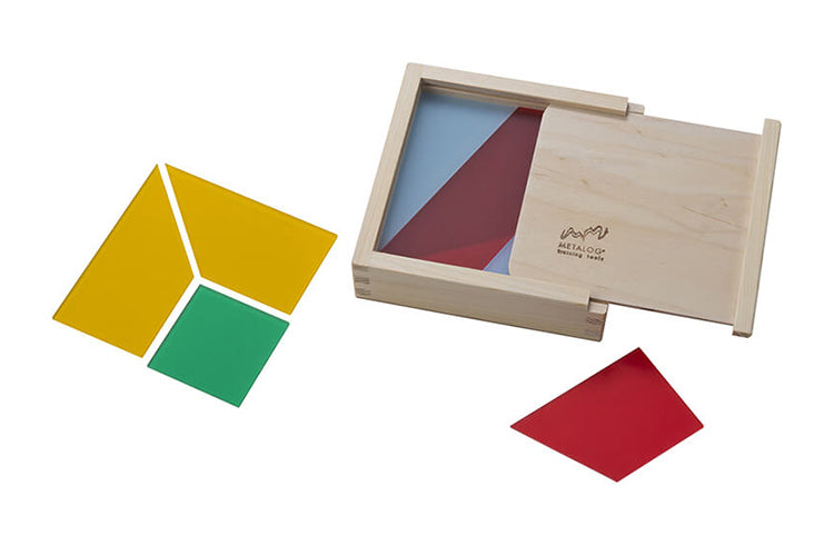 Team Squared is a puzzle game comprised of bright plastic shapes parts in a wooden box