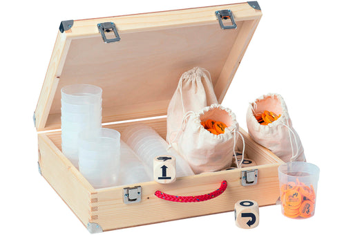 Open box with contents of CultuRallye game, including large wooden dice, orange chips and clear cups