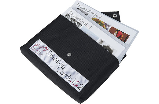 Open pouch and two sets of EmotionCards, picture cards for training and group reflection