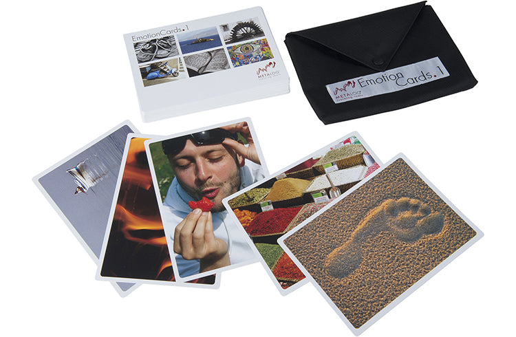 Pouch and five image cards from Emotion Cards, a top Metalog training activity for work ice breakers