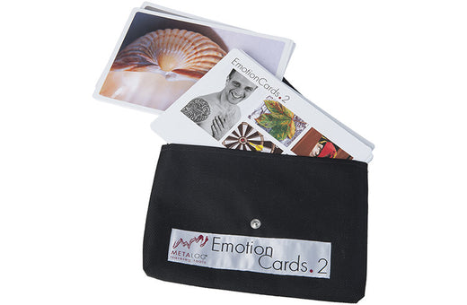 Open black pouch showing a few EmotionCards, 5x8 inch picture cards for training and workshops
