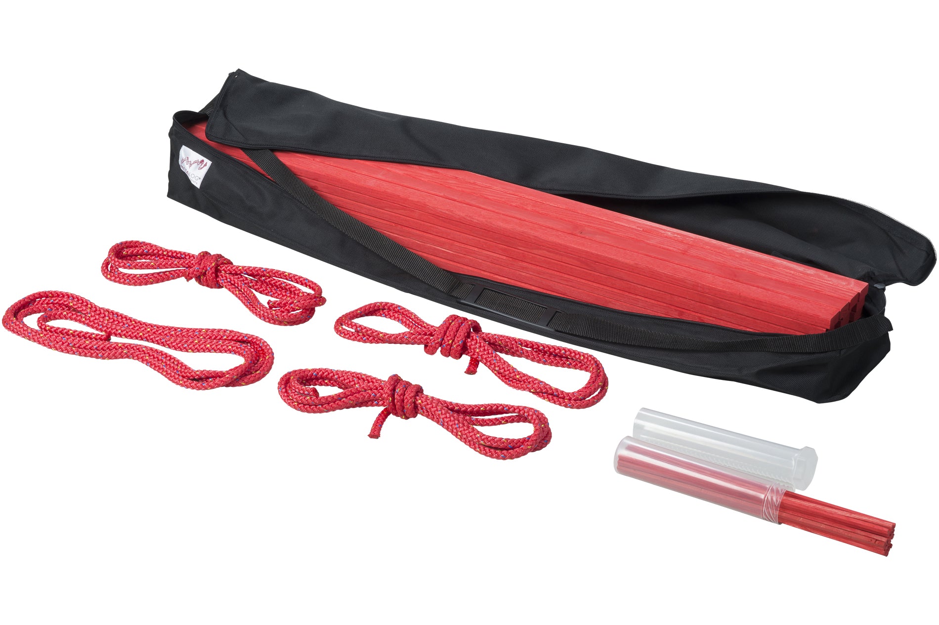 Leonardo's Bridge has 28 red wooden sticks, 28 small sticks for planning, and 4 x 12-foot ropes.